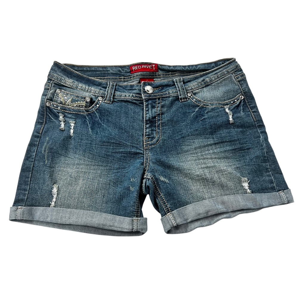 Red Rivet‎ Denim Shorts Distressed Cuffed Hem Medium Wash Rhinestones Juniors 13